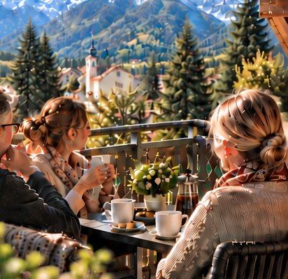 Famiglia sul balcone con vista sulle montagne vicino a Valens